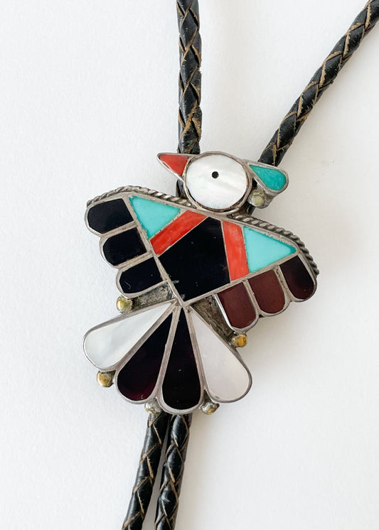 Vintage 1970s Zuni Inlay Thunderbird Bolo Tie